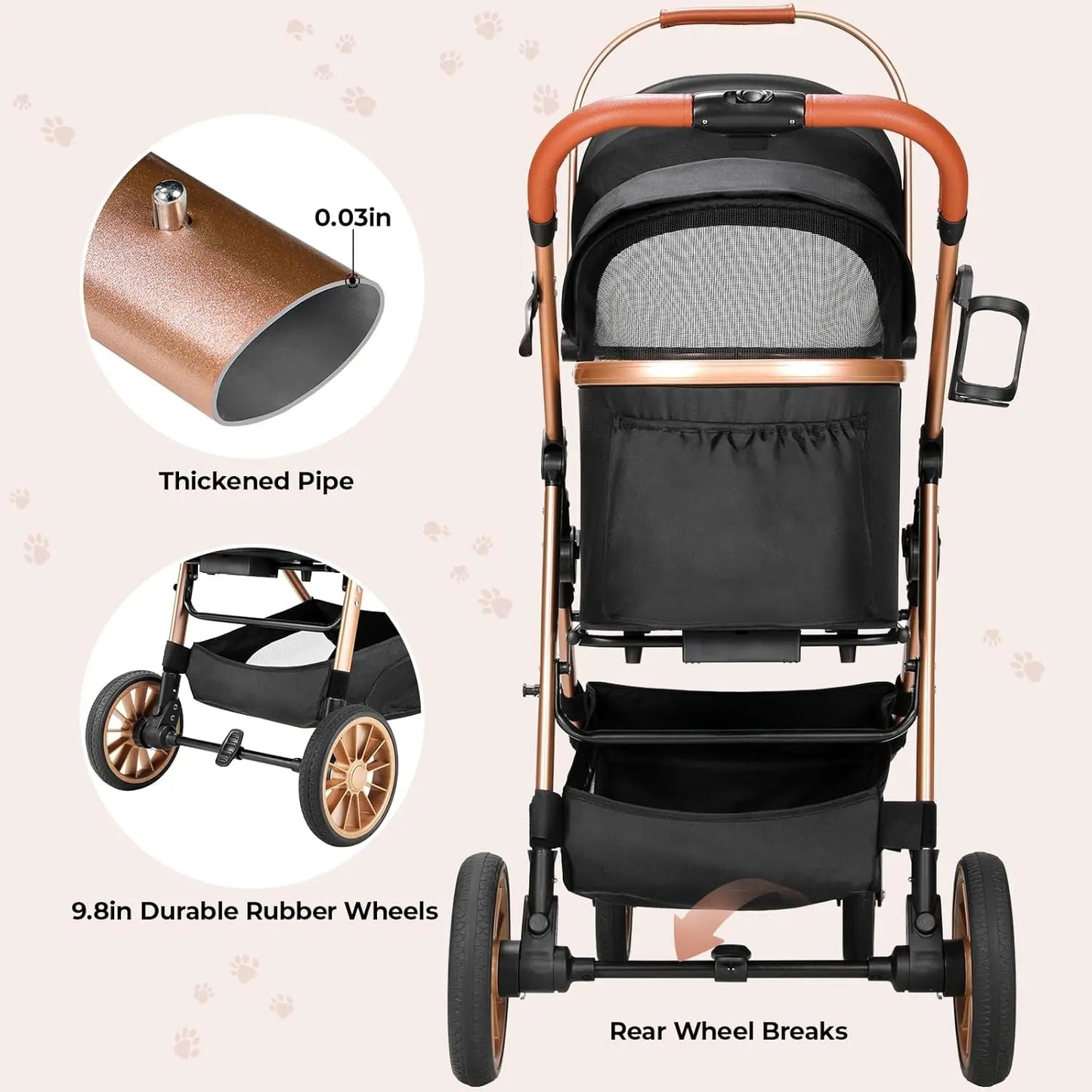 360° High Wheels Transport Foldable Cat Pet Stroller 2In1 Dog Buggy Stroller Dog Box Can Be Attached in Car, Max. Load 25 Kg