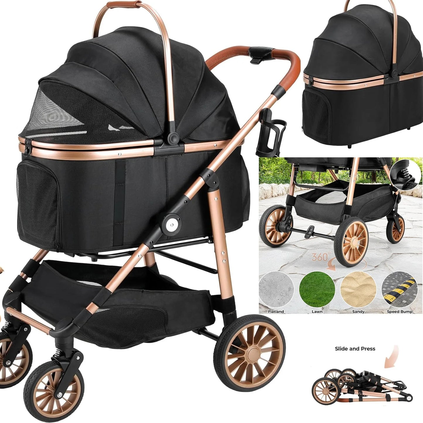 360° High Wheels Transport Foldable Cat Pet Stroller 2In1 Dog Buggy Stroller Dog Box Can Be Attached in Car, Max. Load 25 Kg