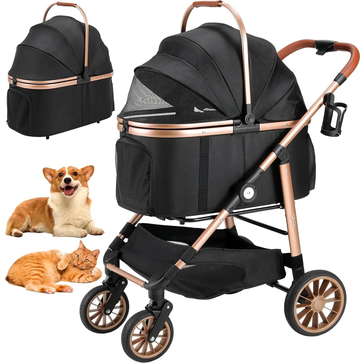 360° Rubber Wheels and Shock Absorption Dog Buggy Stroller Box Can Be Attached in Car, Transport Foldable Pet Stroller Max.40 Kg