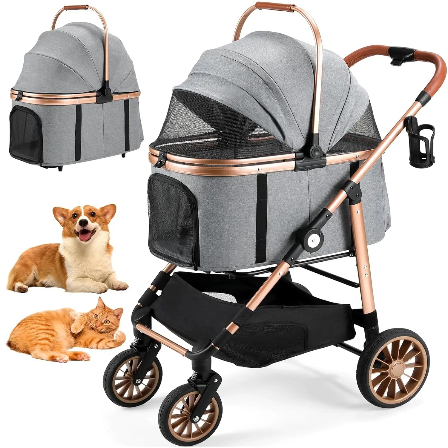 360° High Wheels Transport Foldable Cat Pet Stroller 2In1 Dog Buggy Stroller Dog Box Can Be Attached in Car, Max. Load 25 Kg