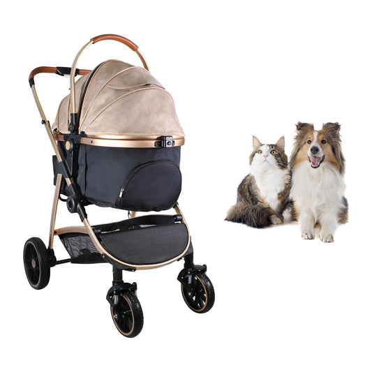 Dog Stroller for Small Medium Dogs, 3 in 1 Folding Pet Stroller up to 33 Lbs, 4 Wheels Pet Strolling Cart with Zipperless Entry, Cat Dog Travel Carrier with Cup Holder & Storage Basket