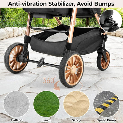 360° Rubber Wheels and Shock Absorption Dog Buggy Stroller Box Can Be Attached in Car, Transport Foldable Pet Stroller Max.40 Kg
