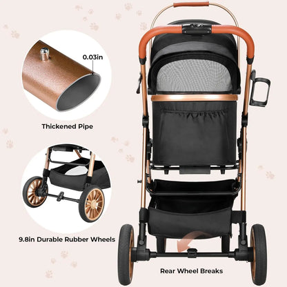 360° High Wheels Transport Foldable Cat Pet Stroller 2In1 Dog Buggy Stroller Dog Box Can Be Attached in Car, Max. Load 25 Kg
