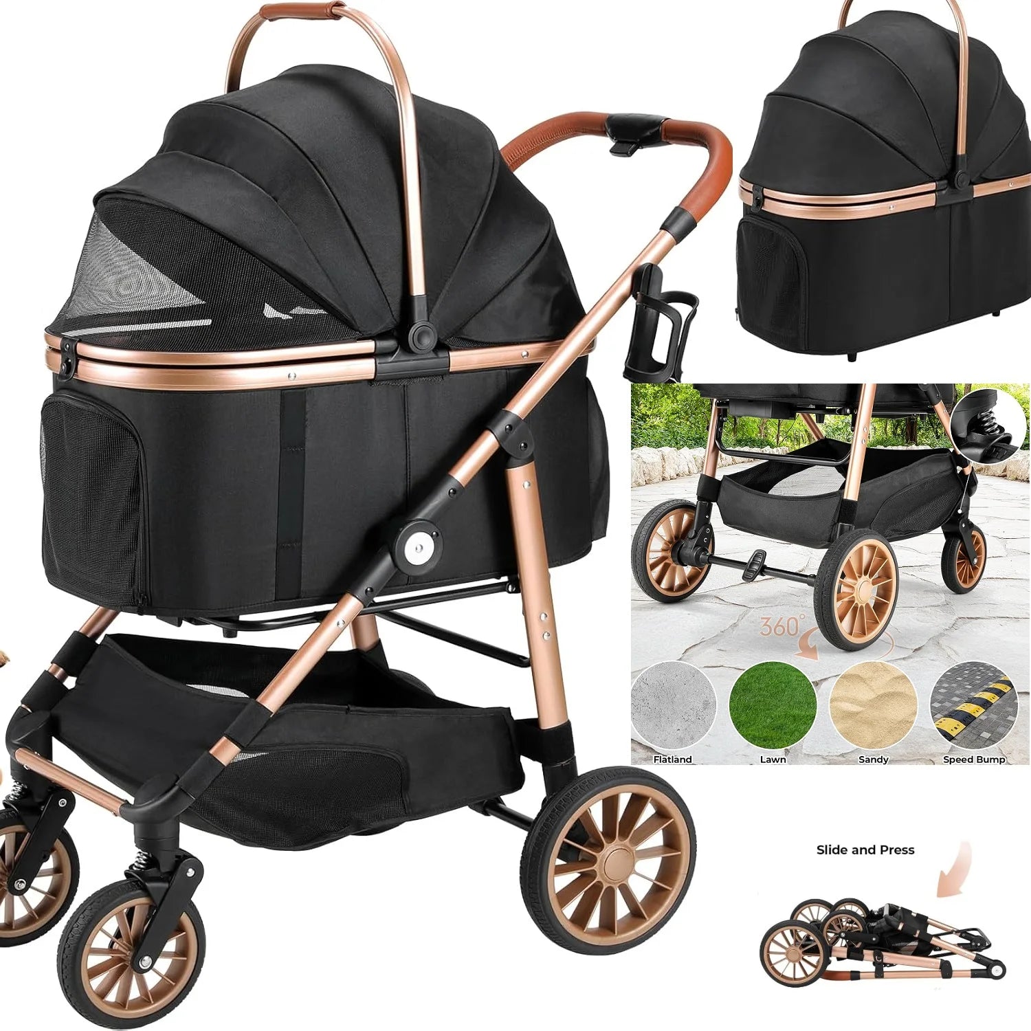 360° Rubber Wheels and Shock Absorption Dog Buggy Stroller Box Can Be Attached in Car, Transport Foldable Pet Stroller Max.40 Kg