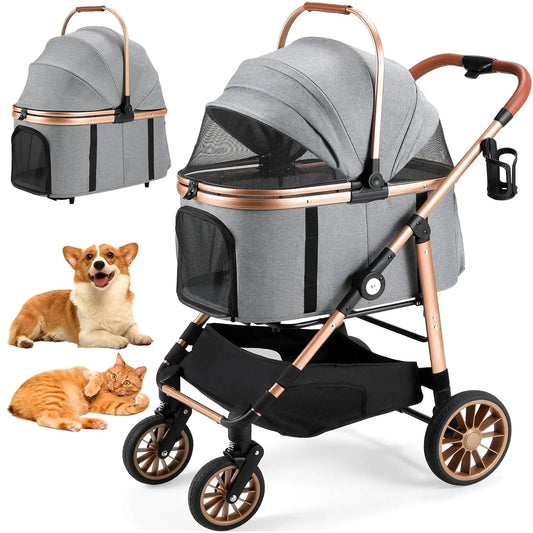 360° Rubber Wheels and Shock Absorption Dog Buggy Stroller Box Can Be Attached in Car, Transport Foldable Pet Stroller Max.40 Kg