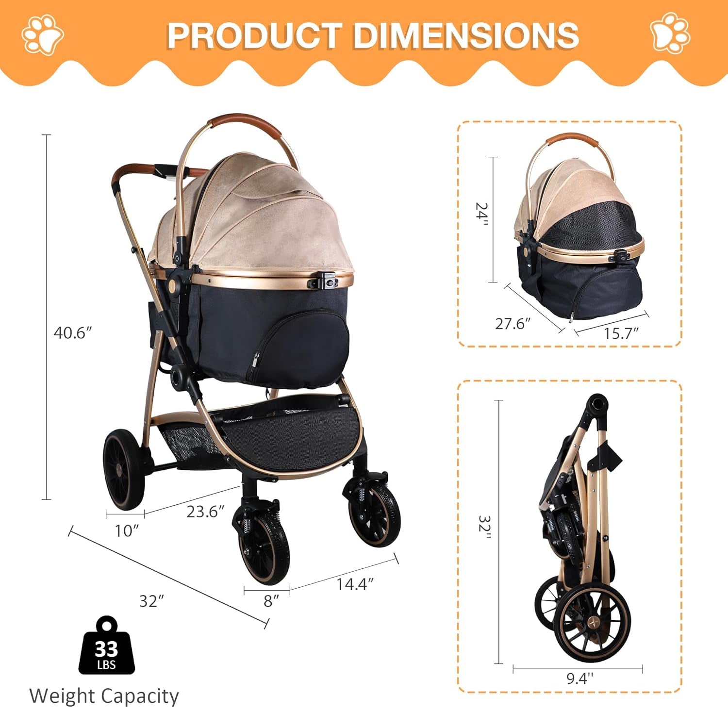 Dog Stroller for Small Medium Dogs, 3 in 1 Folding Pet Stroller up to 33 Lbs, 4 Wheels Pet Strolling Cart with Zipperless Entry, Cat Dog Travel Carrier with Cup Holder & Storage Basket