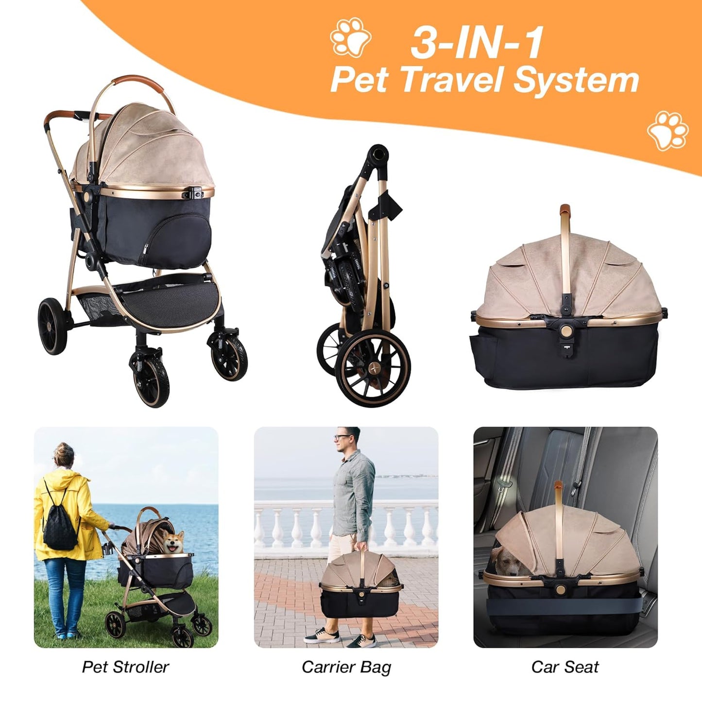 Dog Stroller for Small Medium Dogs, 3 in 1 Folding Pet Stroller up to 33 Lbs, 4 Wheels Pet Strolling Cart with Zipperless Entry, Cat Dog Travel Carrier with Cup Holder & Storage Basket