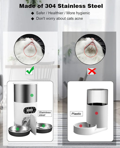 Automatic Cat Feeders, 304 Stainless Steel Timed Cat Food Dispenser for 2 Cats & Small Dog, 4.5L Pet Feeder with 2-Way Splitter, 1-4 Meals Portion Control,10S Voice Recorder, Dual Power Supply