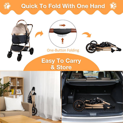 Dog Stroller for Small Medium Dogs, 3 in 1 Folding Pet Stroller up to 33 Lbs, 4 Wheels Pet Strolling Cart with Zipperless Entry, Cat Dog Travel Carrier with Cup Holder & Storage Basket