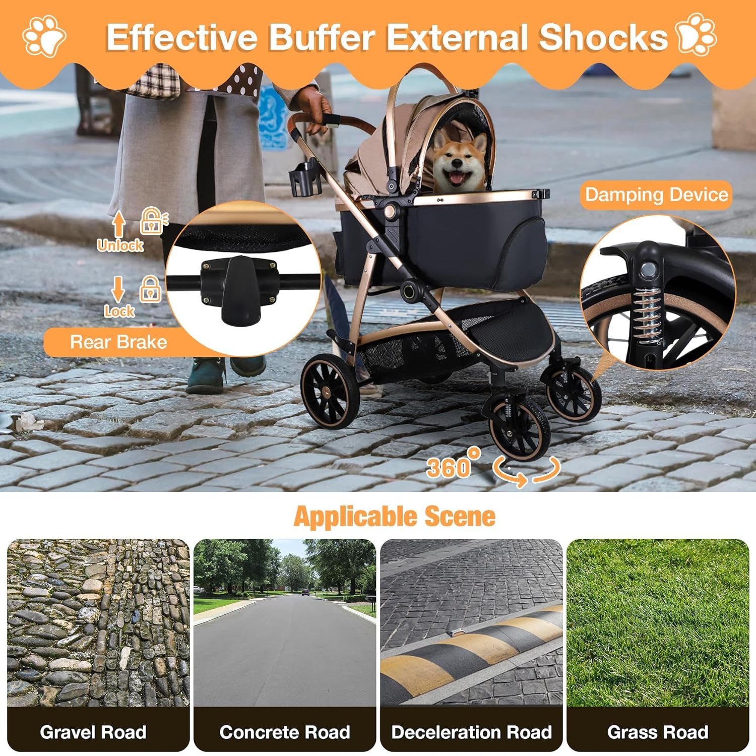Dog Stroller for Small Medium Dogs, 3 in 1 Folding Pet Stroller up to 33 Lbs, 4 Wheels Pet Strolling Cart with Zipperless Entry, Cat Dog Travel Carrier with Cup Holder & Storage Basket