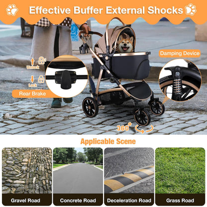 Dog Stroller for Small Medium Dogs, 3 in 1 Folding Pet Stroller up to 33 Lbs, 4 Wheels Pet Strolling Cart with Zipperless Entry, Cat Dog Travel Carrier with Cup Holder & Storage Basket