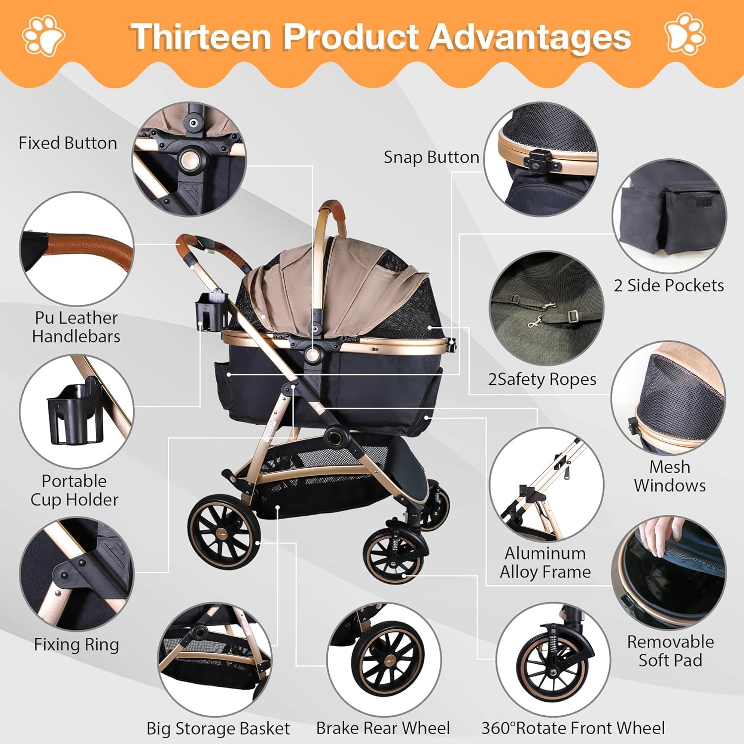 Dog Stroller for Small Medium Dogs, 3 in 1 Folding Pet Stroller up to 33 Lbs, 4 Wheels Pet Strolling Cart with Zipperless Entry, Cat Dog Travel Carrier with Cup Holder & Storage Basket